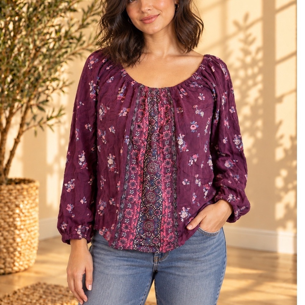 Hollister Womens Small Plum/Maroon Floral Boho Peasant Blouse Long Sleeve Top